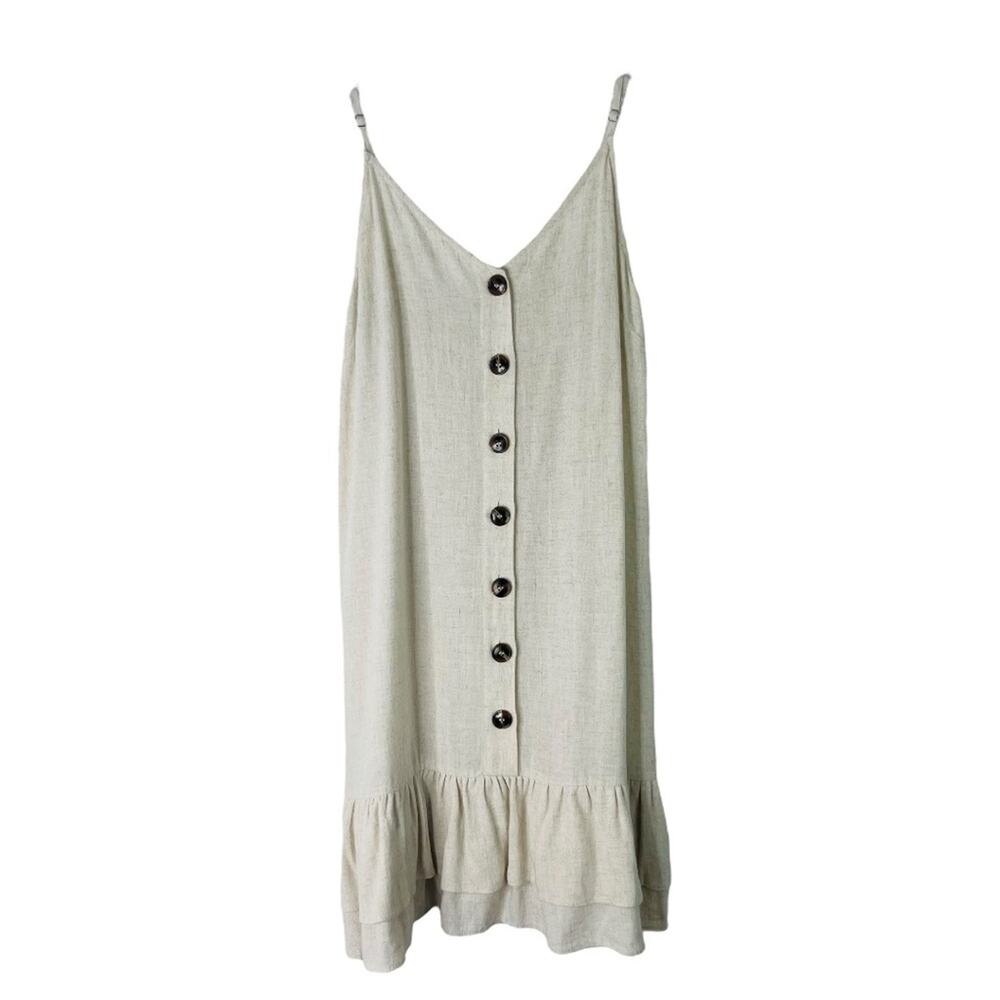 Blue Rain tan linen coastal cottagecore button ruffle dress medium